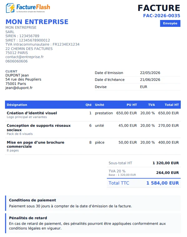 Exemple de facture professionnelle générée par FactureFlash